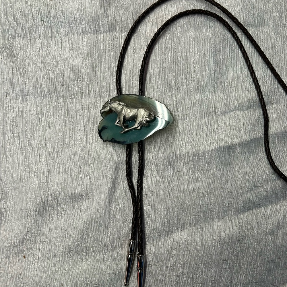 Cowboy Silver Crystal Bolo Tie with Horse Design